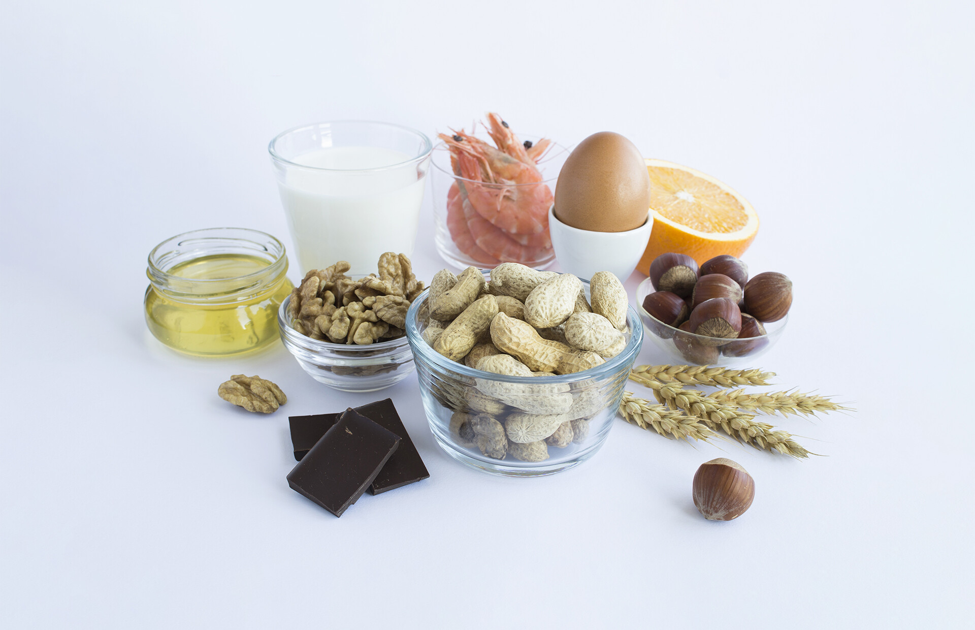 Close-up on food allergens on the white background. Copy space.